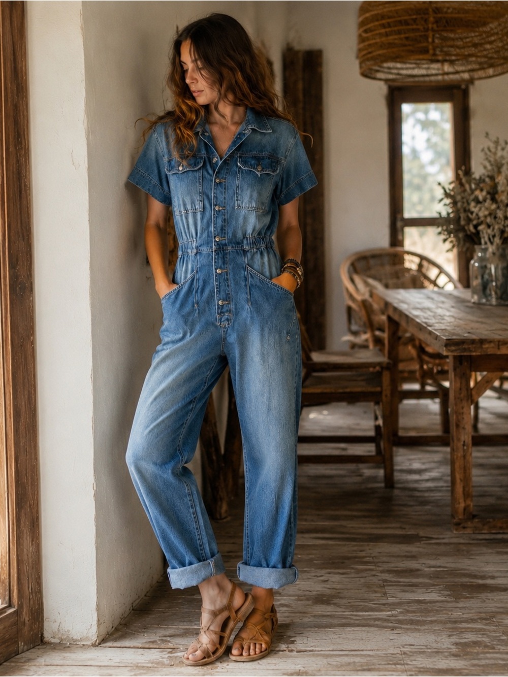 Free People Marci Denim Jumpsuit Blue Utility Boiler Suit  Boho Coverall L